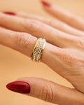 Crystal ring gold-plated with two rows of rhinestones worn on hand