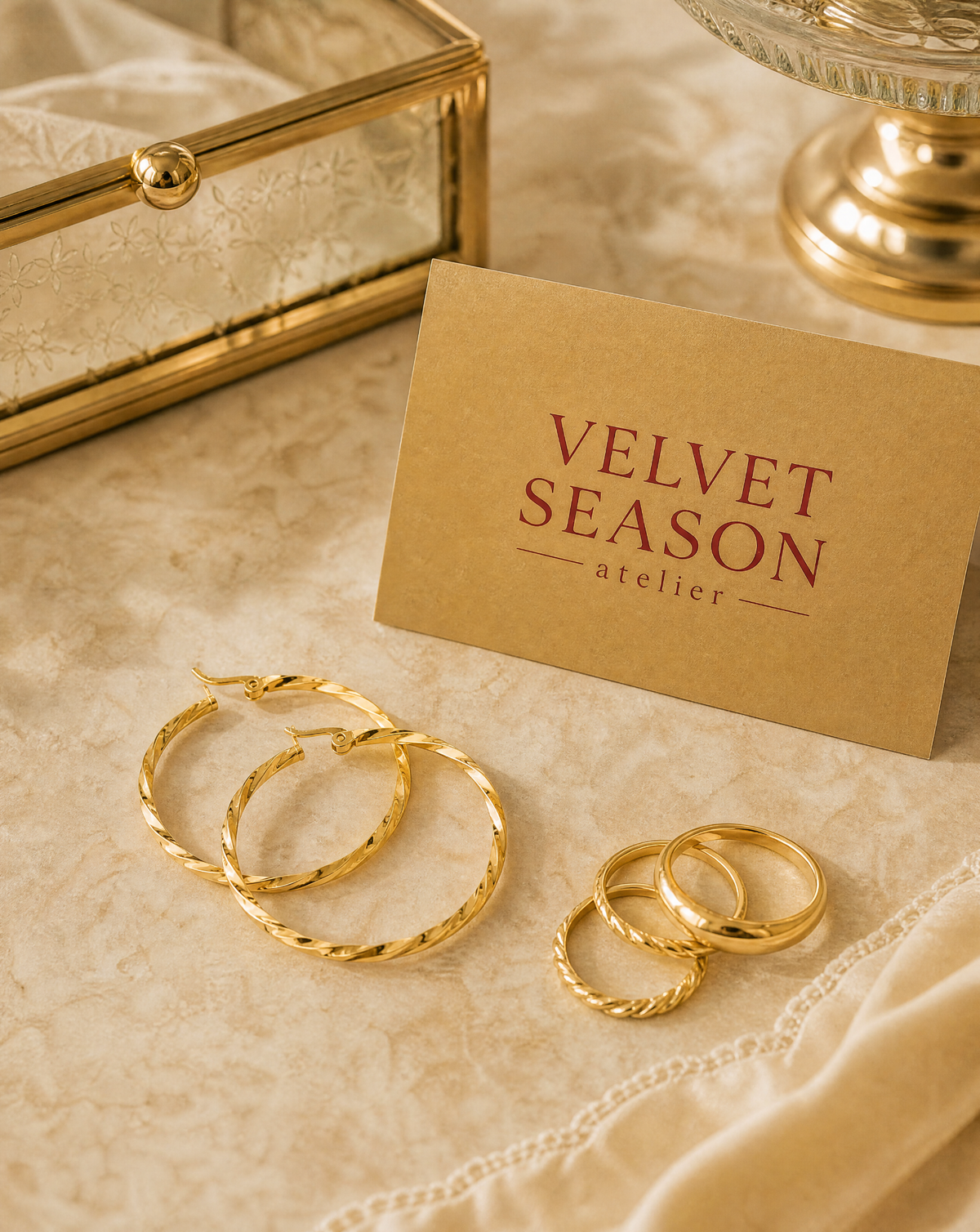 Gold jewelry pieces including hoop earrings and rings displayed on a beige fabric surface next to a brown card reading 'VELVET SEASON atelier', with a gold box and glass object in the background.