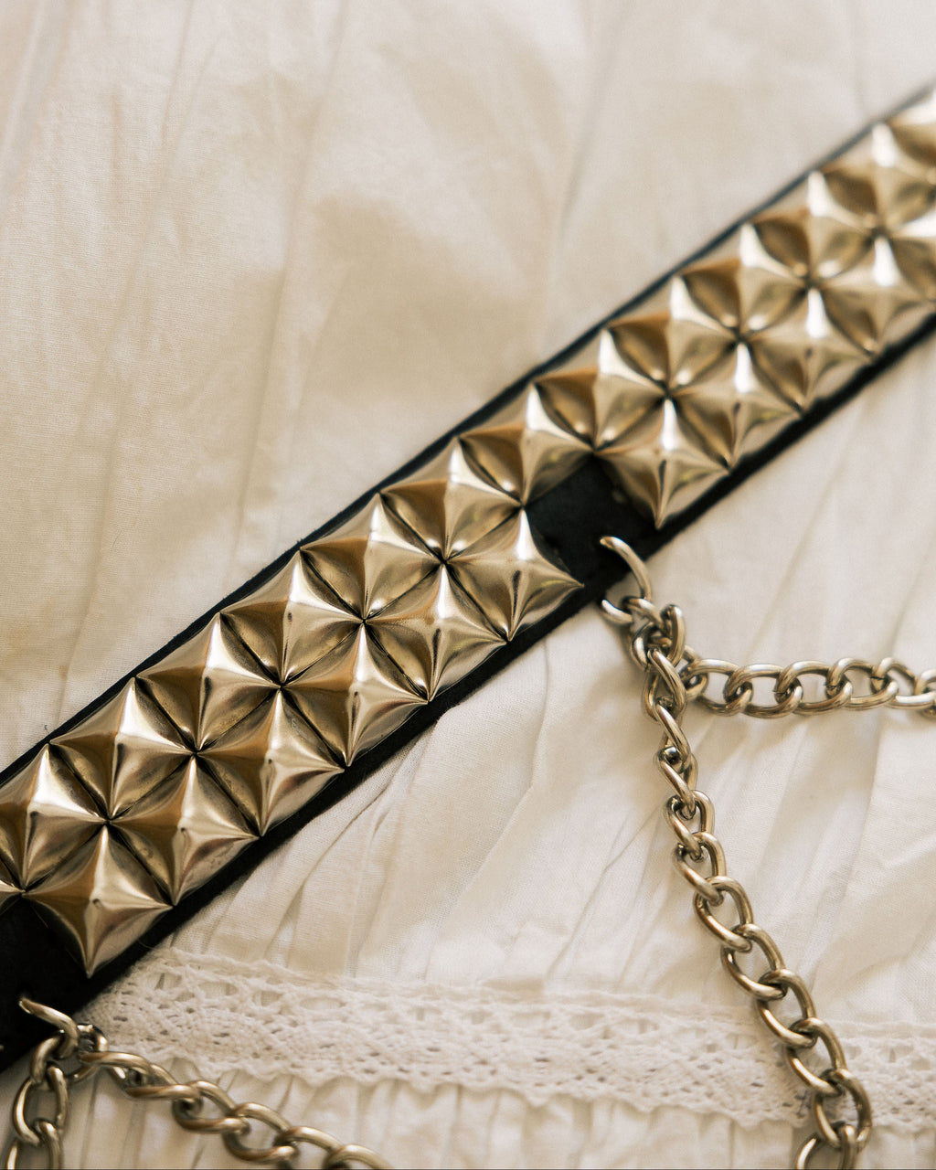 Leather Chain Statement Belt worn on model showing chain drape and buckle detail