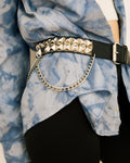 Leather Chain Statement Belt worn by model in tie-dye shirt and white crop top close-up