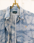 Ralph Lauren Tie-Dye Cotton Shirt worn by model belted with leather chain belt and black leggings