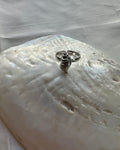 A silver spiral seashell ring displayed on a larger white mother-of-pearl shell against a light fabric background.