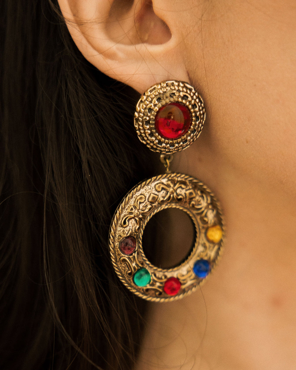 Vintage Baroque Statement Earrings close-up worn on ear with multicolor accents