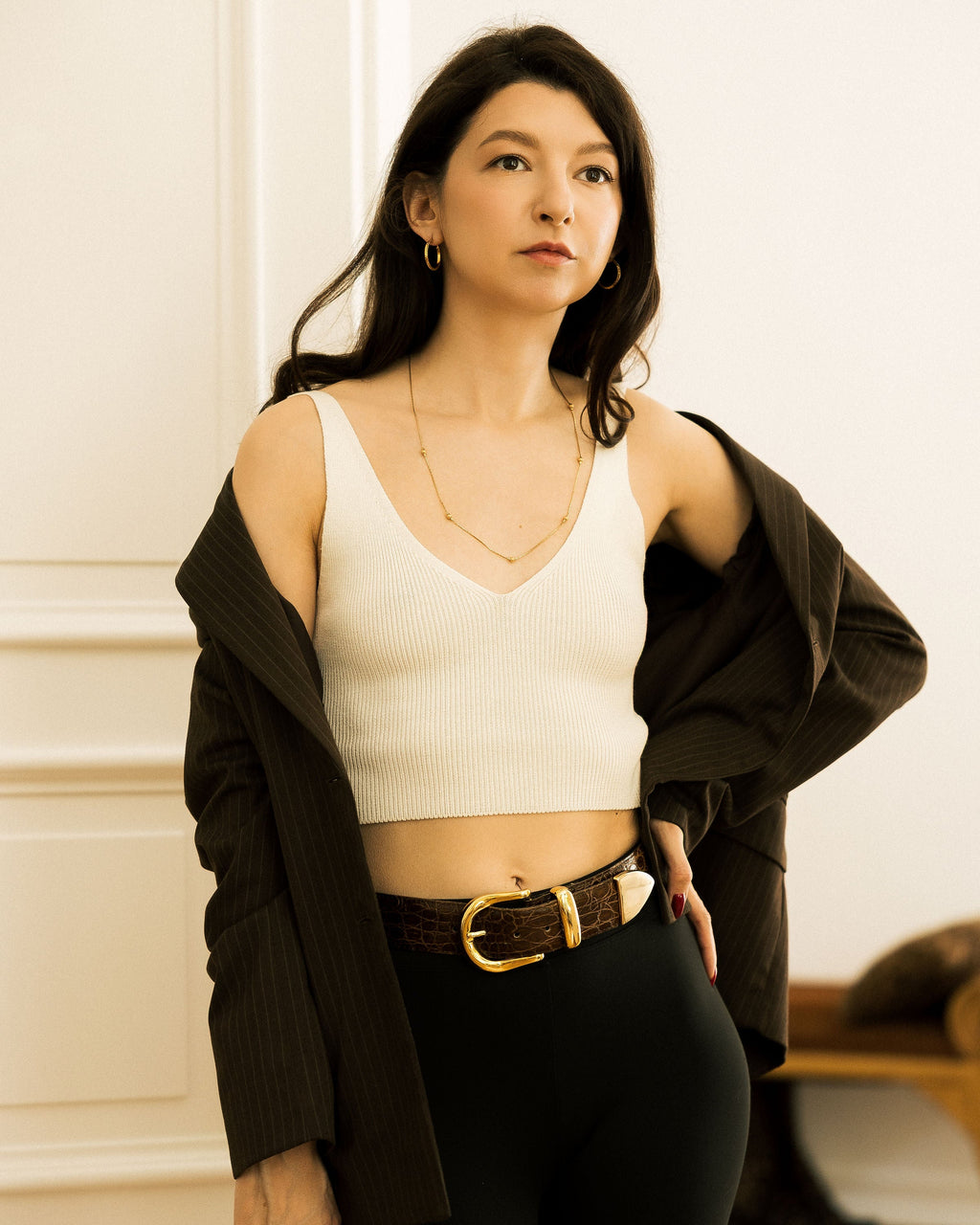 Vintage French Leather Belt worn with white crop top and black blazer