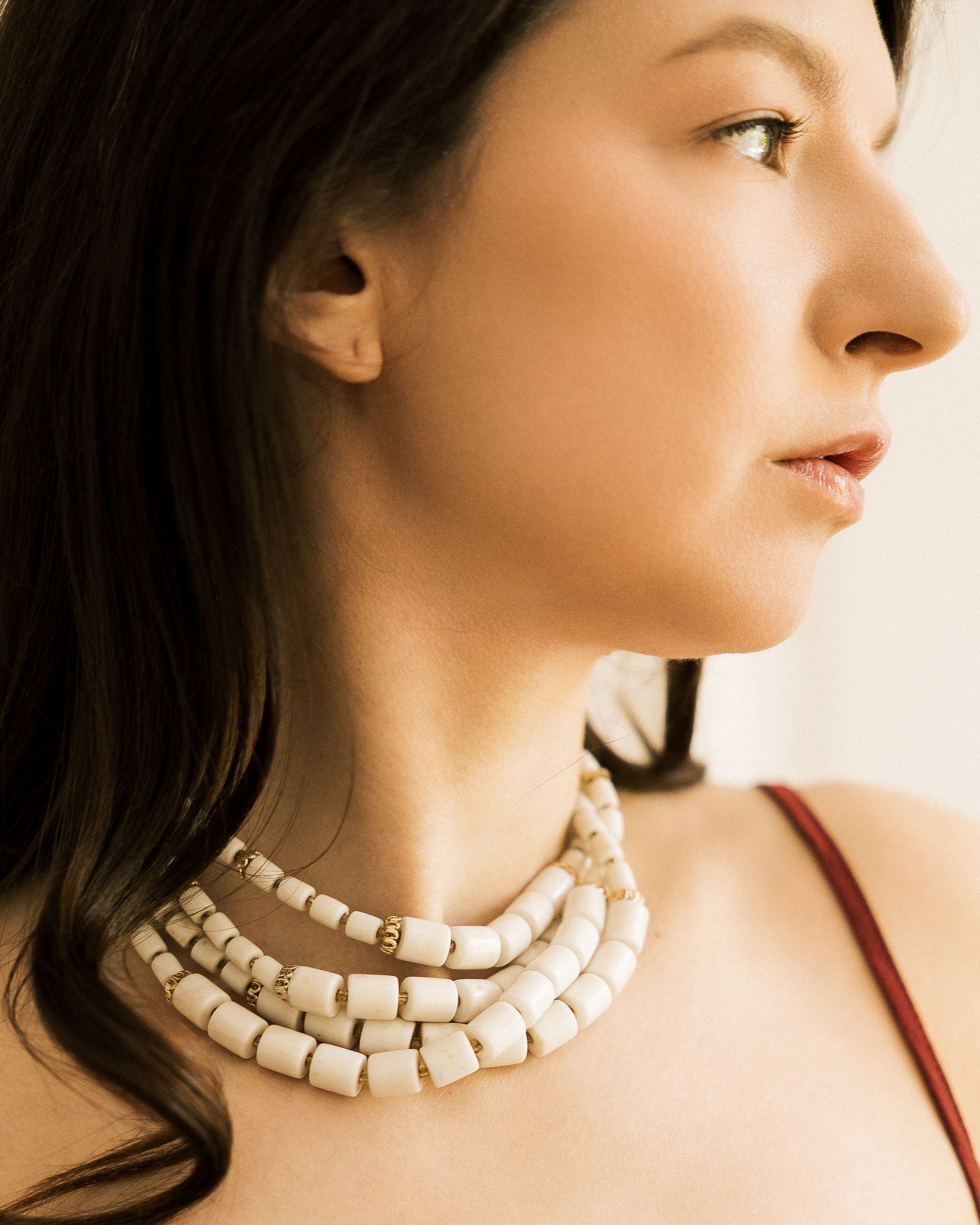 Vintage Japanese Beaded Choker worn as layered ivory and gold necklace