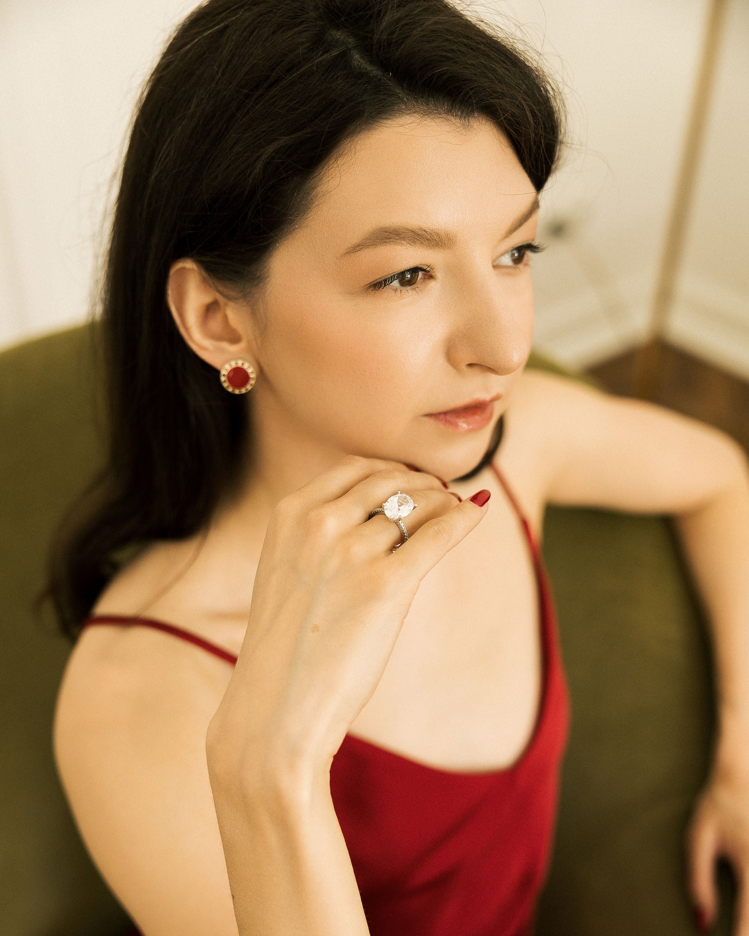 Vintage Red & Silver Stud Earrings worn by model in red silk dress with champagne statement ring